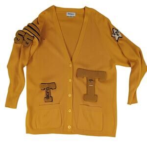 Vtg Cheerleader Cardigan Womens Large Yellow 70s High School Preppy Retro Boho
